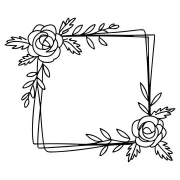 Black and white rectangular floral frame line art featuring two roses Stock Illustration