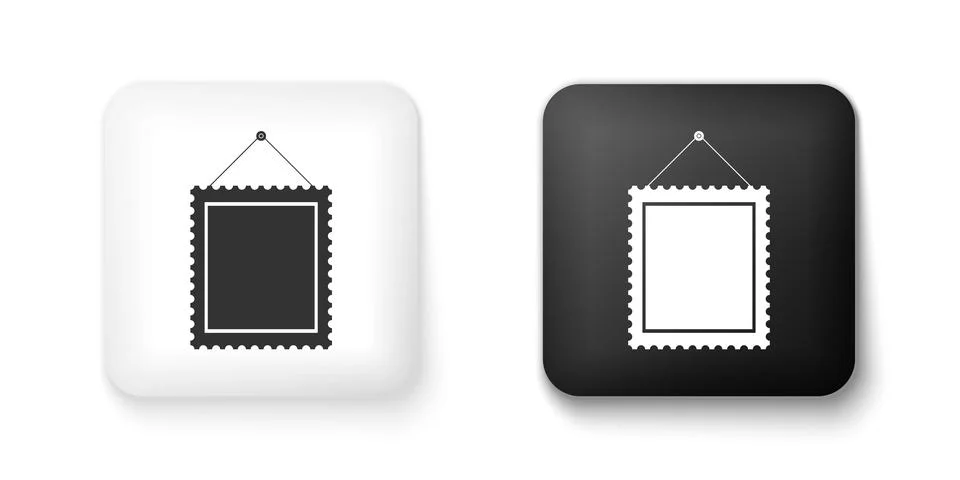 Black and white Rectangular picture frame hanging on the wall icon isolated on Stock Illustration