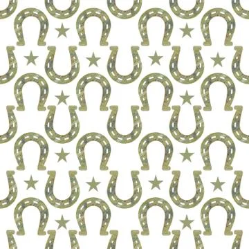 Black and white repeat seamless background pattern of lucky horse and stars for Stock Illustration