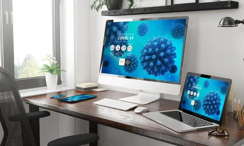 Black and white responsive devices mockup responsive coronavirus info website Stock Illustration