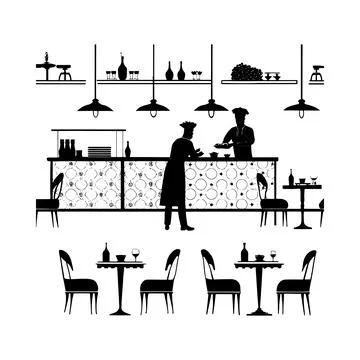 Black and white restaurant interior with chef and waiter silhouettes Stock Illustration