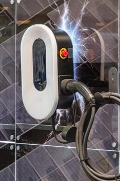 Black and white robot attached to a metal or glass wall, with red controlsind Stock Photos