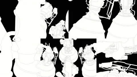 Black and white rocket engine wireframe 	 Video stock 202420937