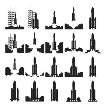 Black and white rocket launch sequence space Stock Illustration