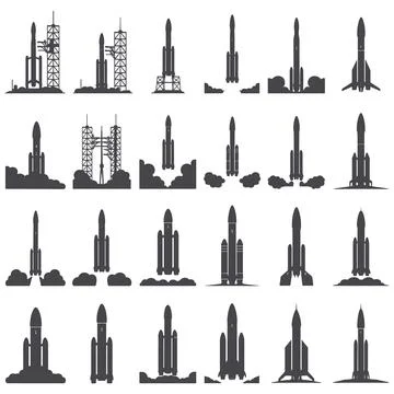 Black and white rocket launch silhouettes on white background Stock Illustration