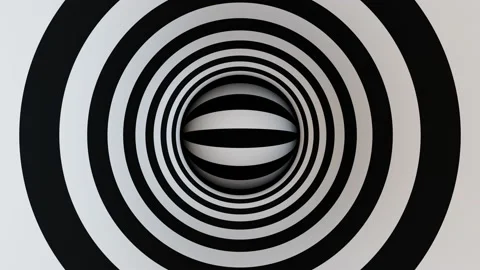 Black and white rotating ball in hypnotic tunnel of circles loop animation Video stock 233975198