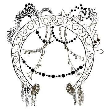 Black and white round frame with decorative objects イラスト素材