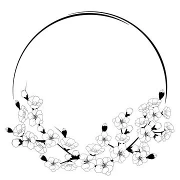 Black and white round frame with sakura blossom. Template for a greeting ca.. Stock Illustration