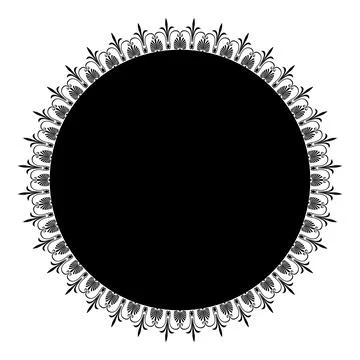 Black and white round frame with floral silhouettes. Round lace pattern  Stock Illustration