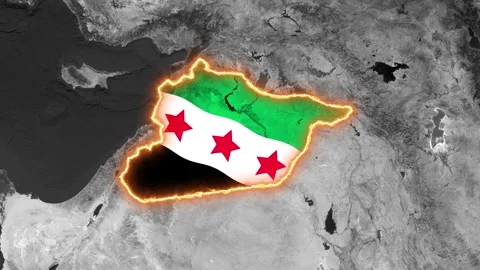 Black and White Satellite Map Highlight of Syria with Syrian Flag Overlay Stock-Footage 342723087