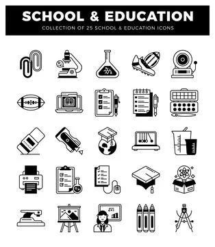 Black and white school and education icons on a white background. Stock Illustration