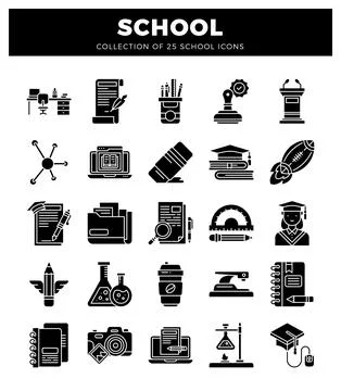 Black and white school icon set on a white background. Education and study .. Stock Illustration