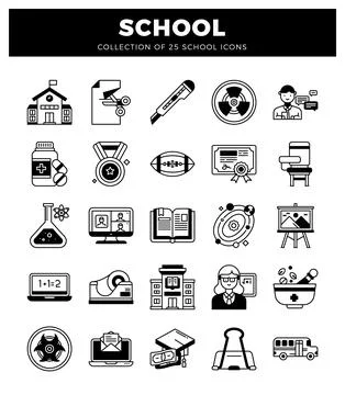 Black and white school icons set on a white background. Ilustración de archivo