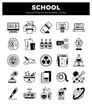 Black and white school-themed icons on a white background. arranged in a gr.. Stock Illustration