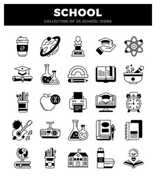 A black and white school-themed icons on a white background. representing e.. Ilustración de archivo