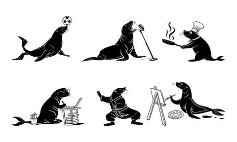 Black and white of seals performing various human activities various Stock Illustration