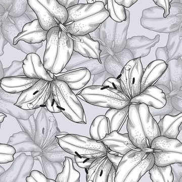 Black and white seamless background with lilies. Stock Illustration