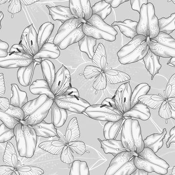 Black and white seamless background with lilies and butterflies. Stock Illustration