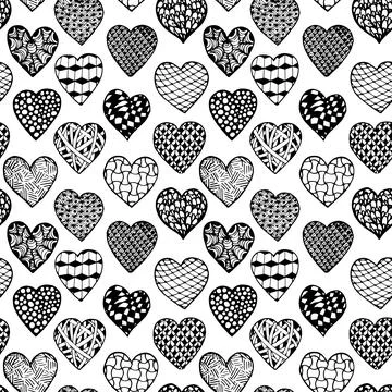 Black and white seamless background hand drawn hearts. Pattern coloring boo.. Stock Illustration