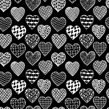 Black and white seamless background hand drawn hearts. Pattern coloring boo.. Stock Illustration