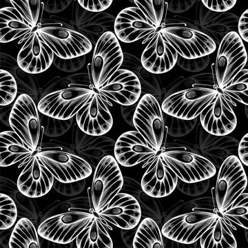 Black and white seamless background with flying butterflies. Stock Illustration