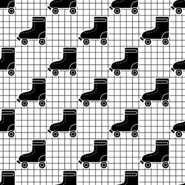 Black and white seamless pattern with roller skates on grid background Stock Illustration