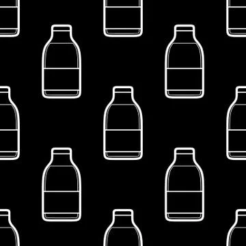 Black and white seamless pattern with bottles of milk in linear style Stock Illustration