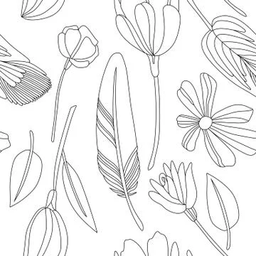 Black and white seamless pattern with hand drawn flowers and feathers Stock Illustration