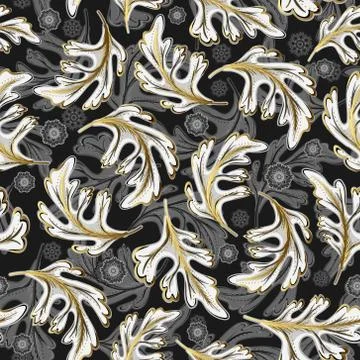 Black and white seamless pattern with golden elements. Fantasy leaves and Stock Illustration