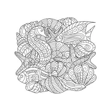 Black and white seamless pattern for coloring book. Sea life Stock Illustration