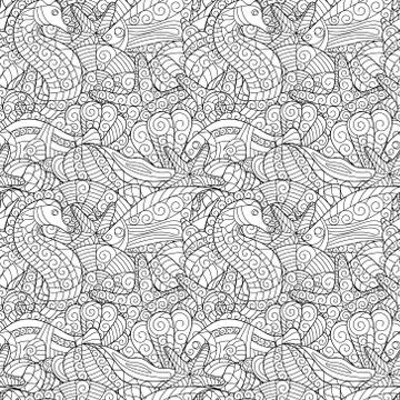 Black and white seamless pattern for coloring book. Sea life Stock Illustration