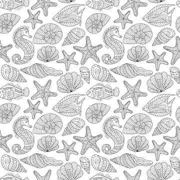 Black and white seamless pattern for coloring book. Sea life Stock Illustration
