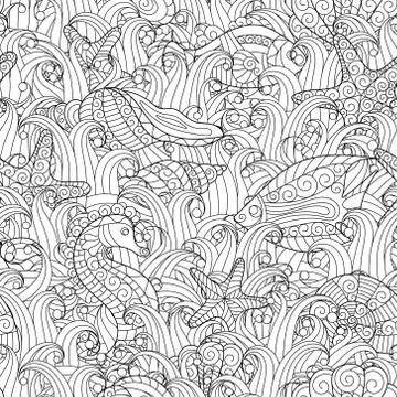 Black and white seamless pattern for coloring book. Sea life Illustrazione stock