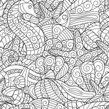 Black and white seamless pattern for coloring book. Sea life Stock Illustration