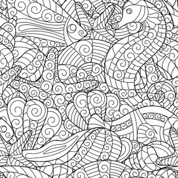 Black and white seamless pattern for coloring book. Sea life Stock Illustration