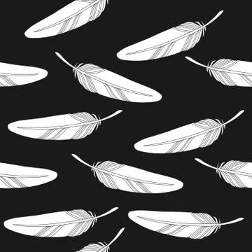 Black and white seamless pattern with falling feathers in hand drawn style Stock Illustration