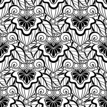 Black and White Seamless Pattern with Floral Motifs Illustrazione stock
