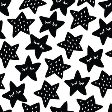 Black and white seamless pattern with sleeping stars. Scandinavian kids, nursery Stock Illustration