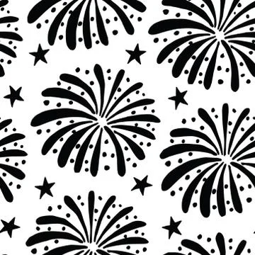 Black and white seamless pattern with hand drawn fireworks and stars. New Year Stock Illustration