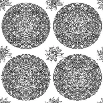 Black and white seamless pattern with lotus flowers. Mandala background. Vector Stock Illustration