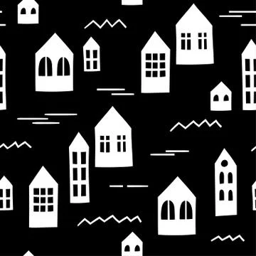 Black and white seamless pattern with primitive houses. Vector template. Stock Illustration