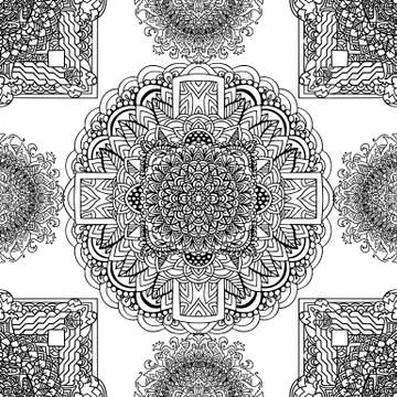 Black and white seamless pattern. Mandala asian background. Vector indian Illustrazione stock