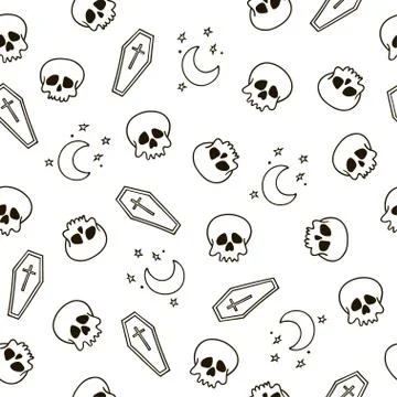 Black and white seamless pattern with skulls and coffins. Stock Illustration
