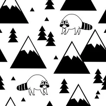 Black and white seamless pattern of a raccoon, mountains and forests Stock Illustration