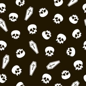 Black and white seamless pattern with handdrawn skulls and coffins. Vector pa Stock Illustration