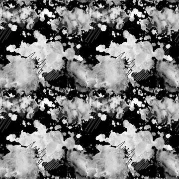 Black and white seamless pattern with watercolor blots on a dark background. Stock Illustration