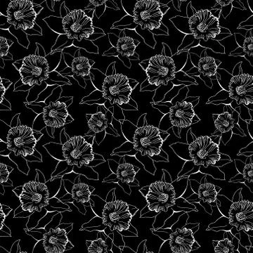 Black and white seamless pattern with contour of flowers. Stock Illustration