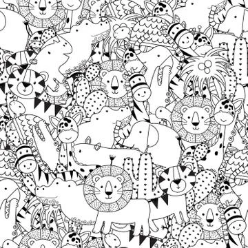 Black and white seamless pattern with adorable safari animals. Coloring page Illustrazione stock