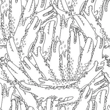 Black and white seamless pattern with funny crocodiles. Coloring page Stock Illustration
