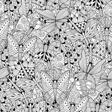 Black and white seamless pattern with doodle butterflies Stock Illustration
